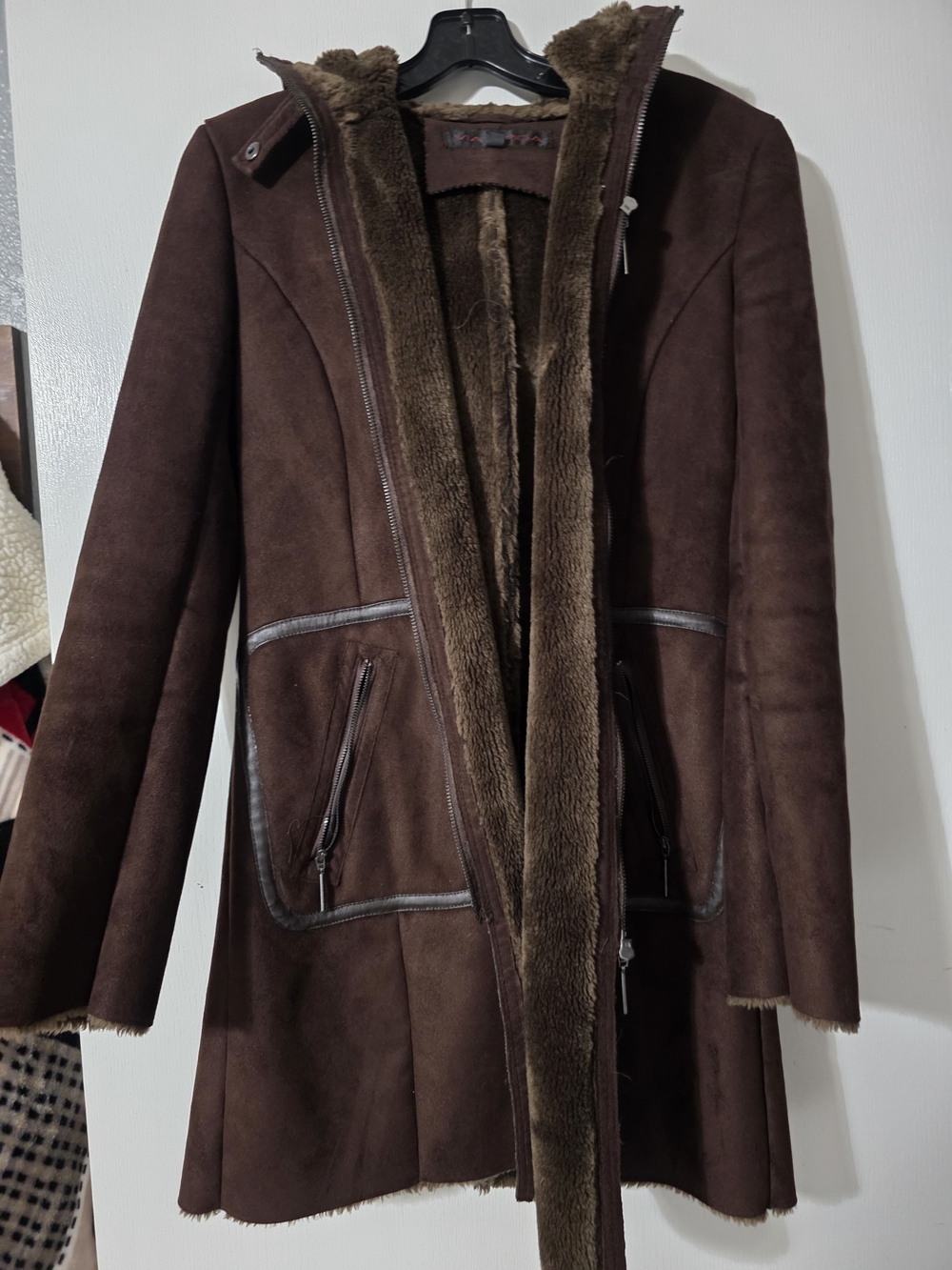 Via Spiga Dark Brown Faux-Suede Trench Coat with Shearling Trim